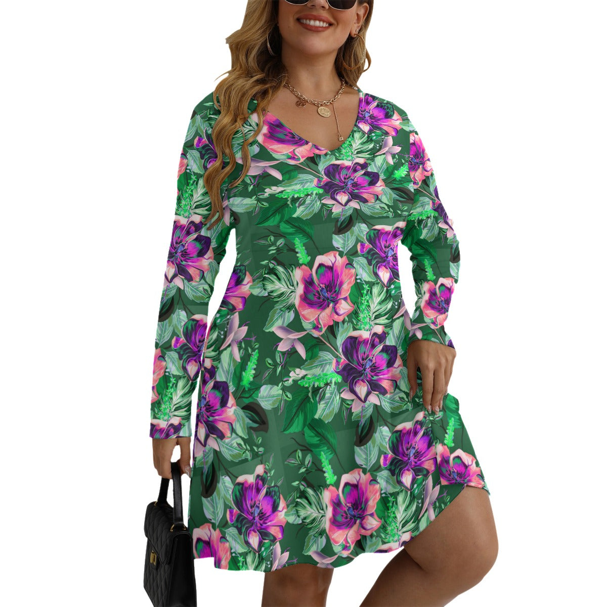 Beautiful Tulips Women's V-neck Long Sleeve Dress (Plus Size)