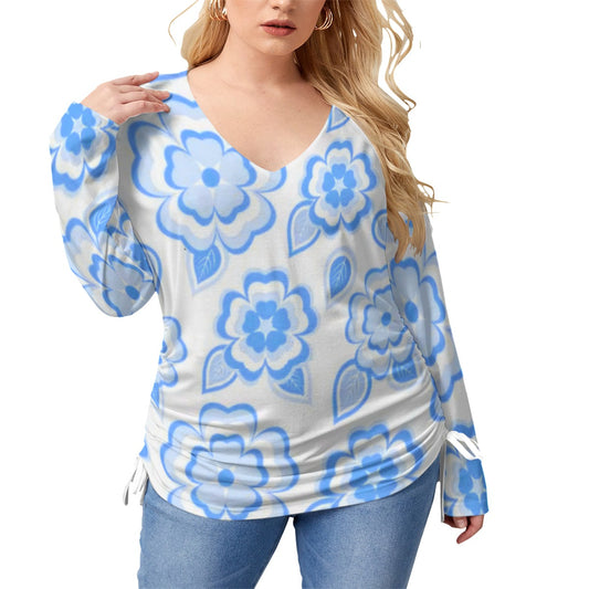 Blue Sakura Flowers & Leaves Women’s V-neck T-shirt With Side Drawstring(Plus Size)