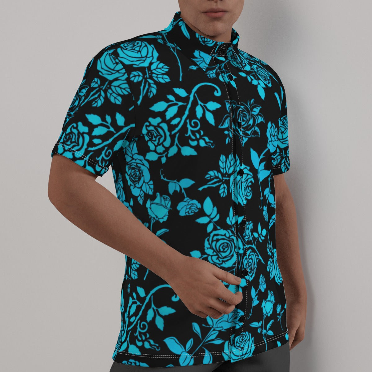 Teal & Black Roses Men's Button Up