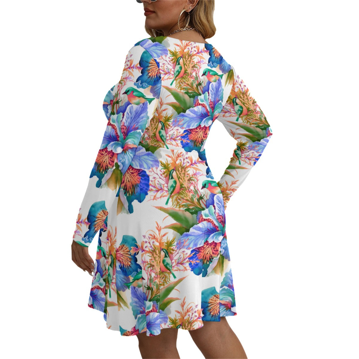 Watercolor Style Colorful Flowers & Birds Women's V-neck Long Sleeve Dress (Plus Size)