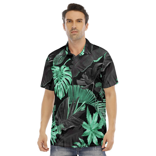 Green & Black Tropical Leaves Men's Polo Shirt | Velvet