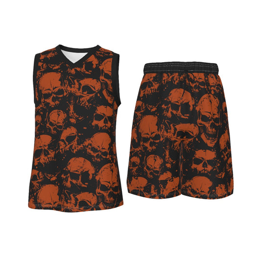 Orange Grunge Skulls Men's V Neck Basketball Suit