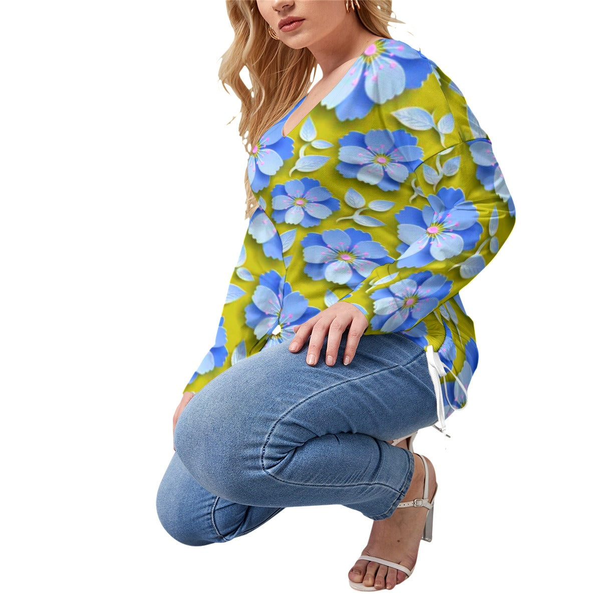 Yellow With Blue Cherry Blossoms Women’s V-neck T-shirt With Side Drawstring(Plus Size)