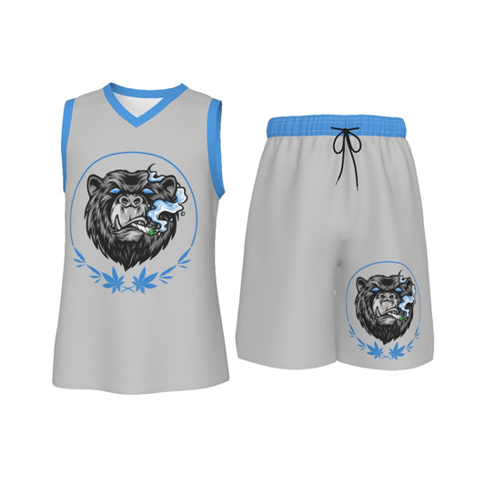 Stoners Only Grey & Blue Smoking Bear Men's V Neck Basketball Suit