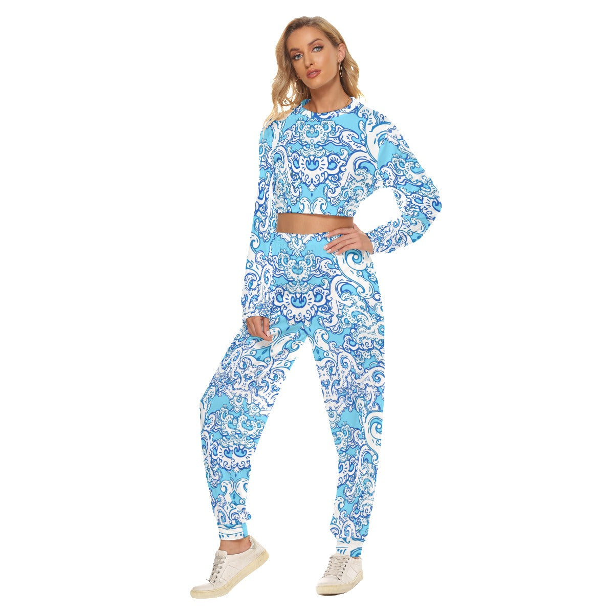 Blue & White Baroque Pattern Women's Crop Sweatshirt Suit