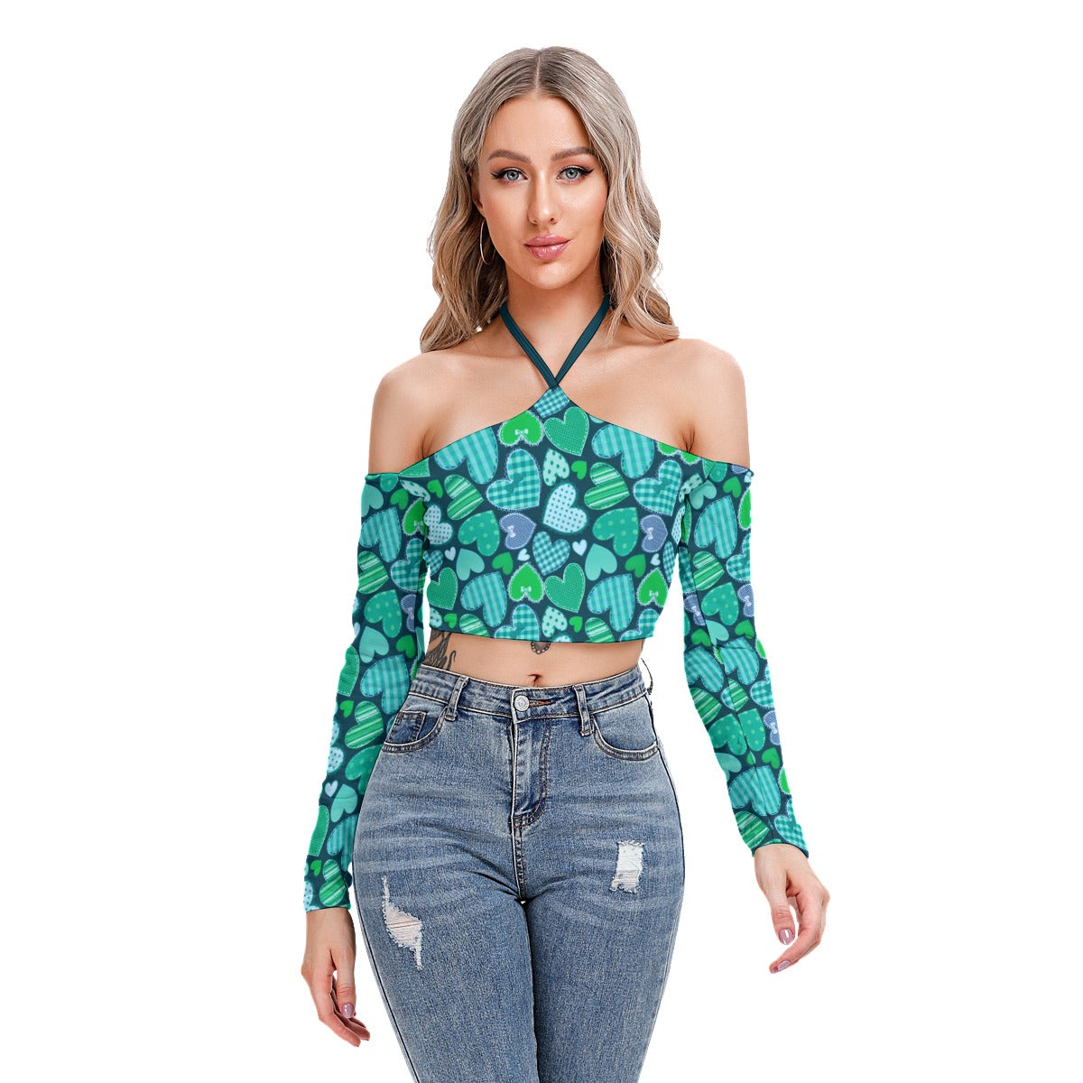 Cute Teal Hearts Women's Halter Lace-up Top