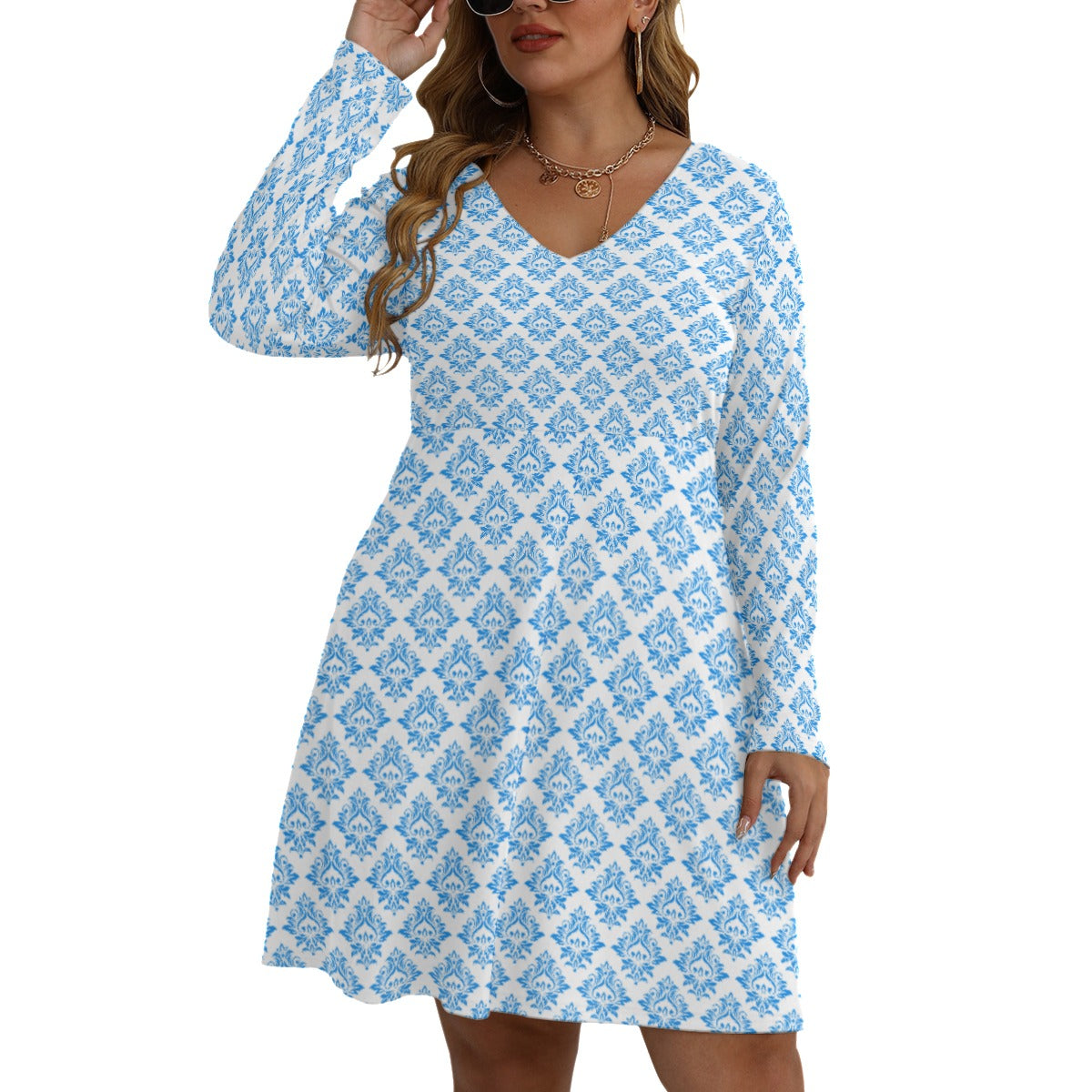 Royalty Made Light Blue & White Women's V-neck Long Sleeve Dress (Plus Size)