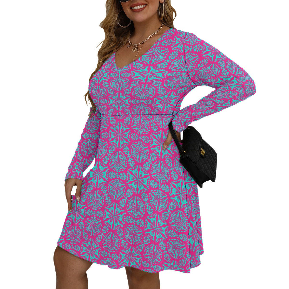 Royalty Made Pink & Teal Women's V-neck Long Sleeve Dress (Plus Size)