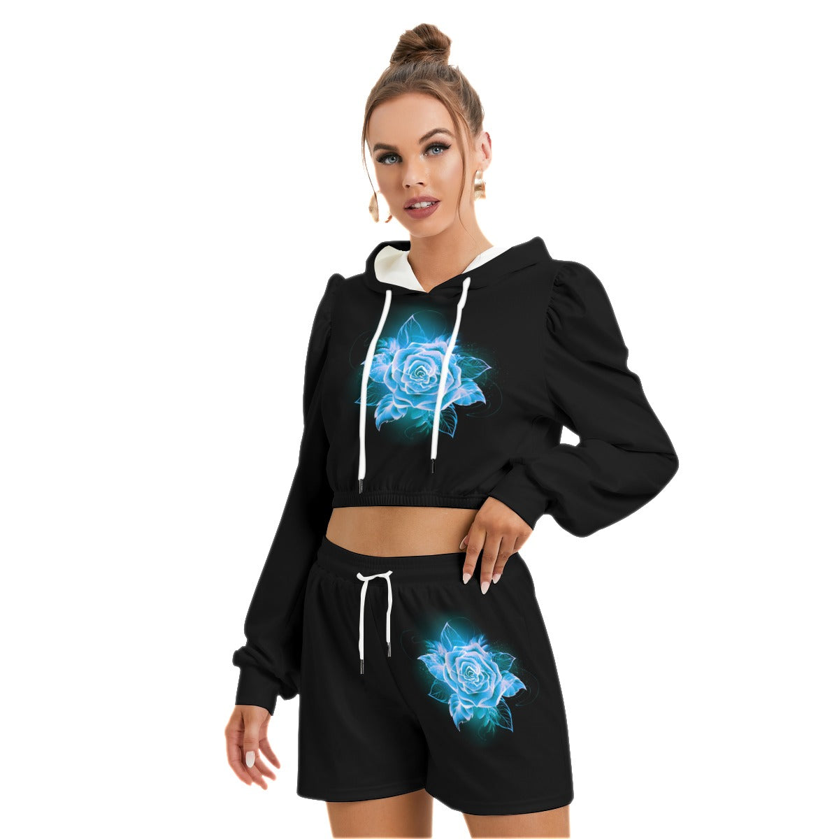 Blooming Light Blue Rose Women's Mirco Fleece Hoodie And Shorts Set