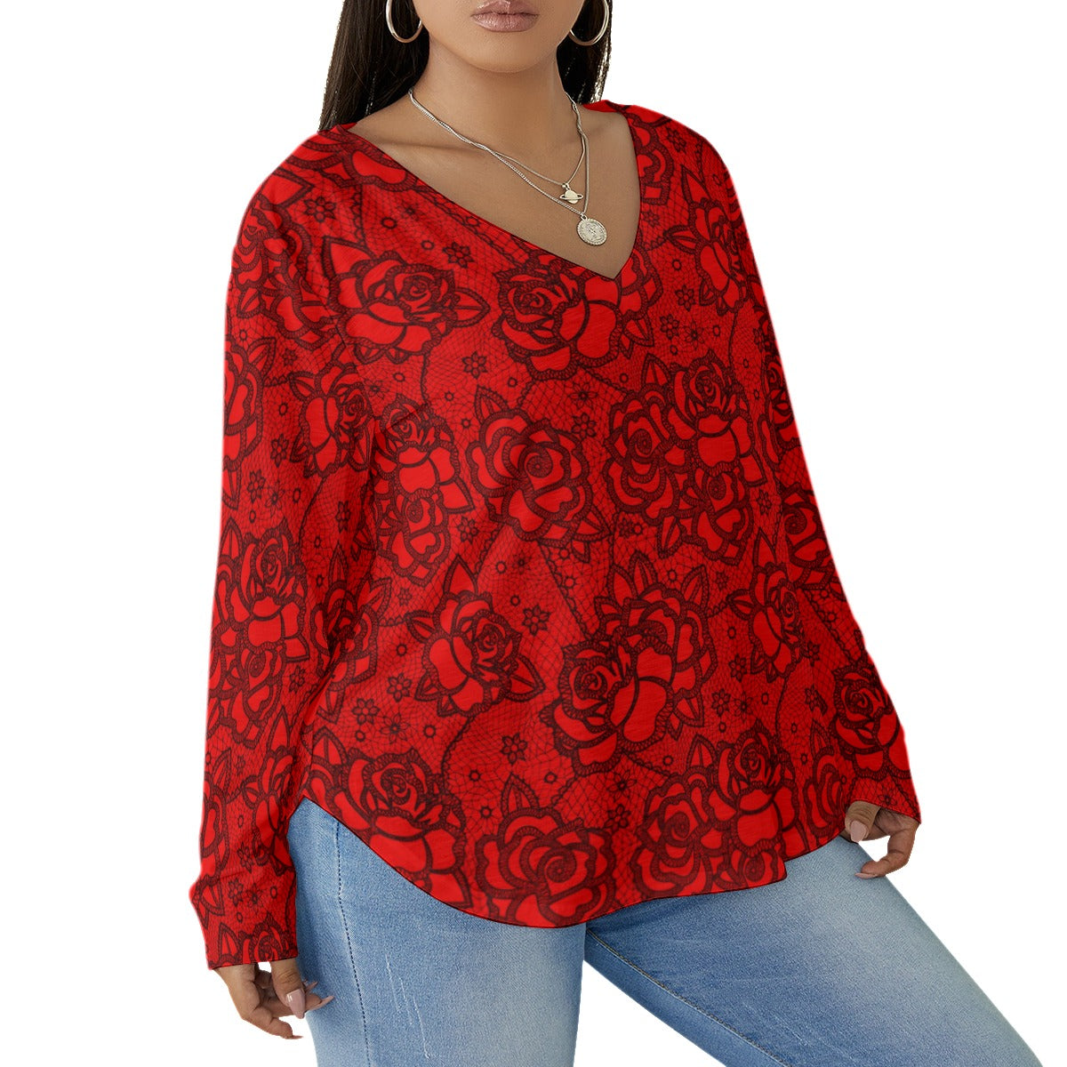 Women's Red Lace Style Roses V-neck T-shirt With Curved Hem(Plus Size)