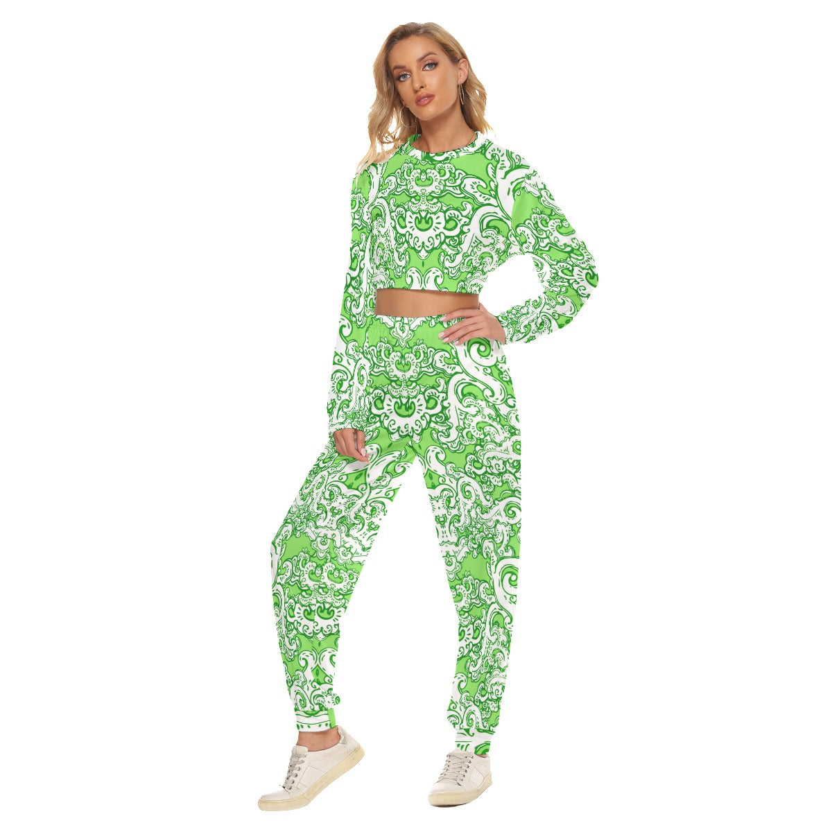 Green & White Baroque Pattern Women's Crop Sweatshirt Suit