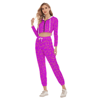 Purple & Gold Music Notes Women's Crop Hoodie Sports Sets