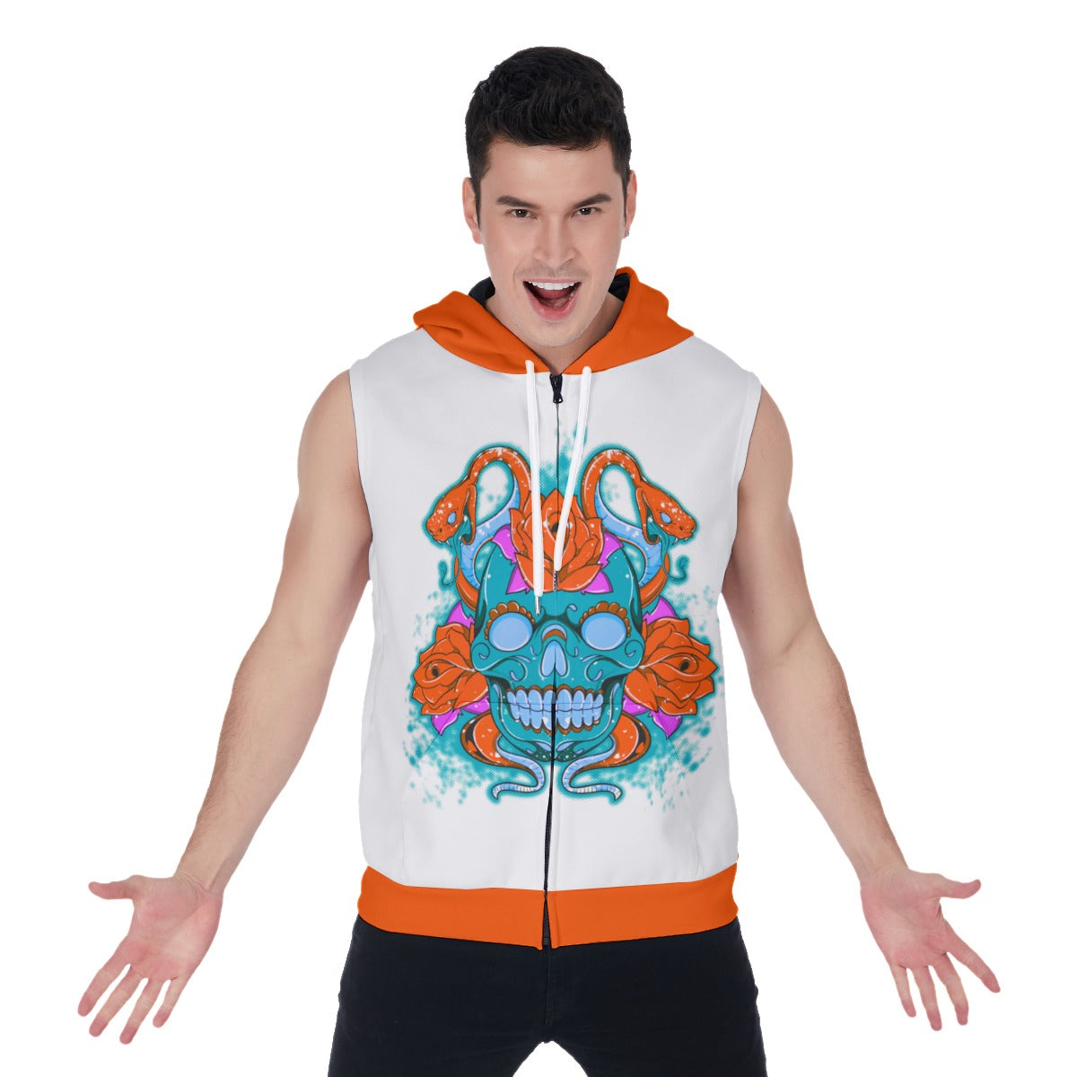 Sugar Skull With Snakes & Roses Men's Zipper-Up Sleeveless Hoodie