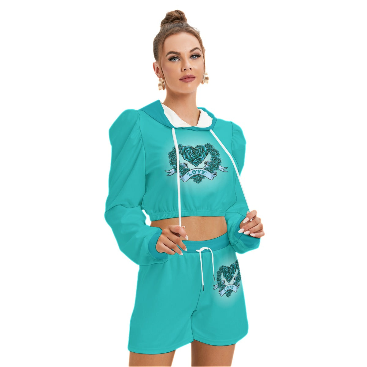 Teal Heart With Roses Women's Mirco Fleece Hoodie And Shorts Set