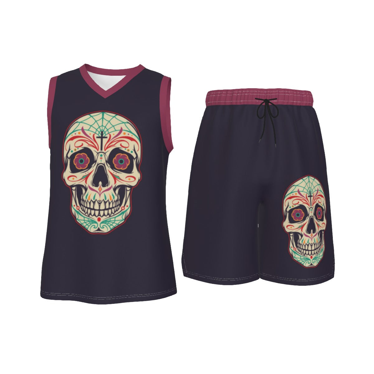 Sugar Skull Men's V Neck Basketball Suit