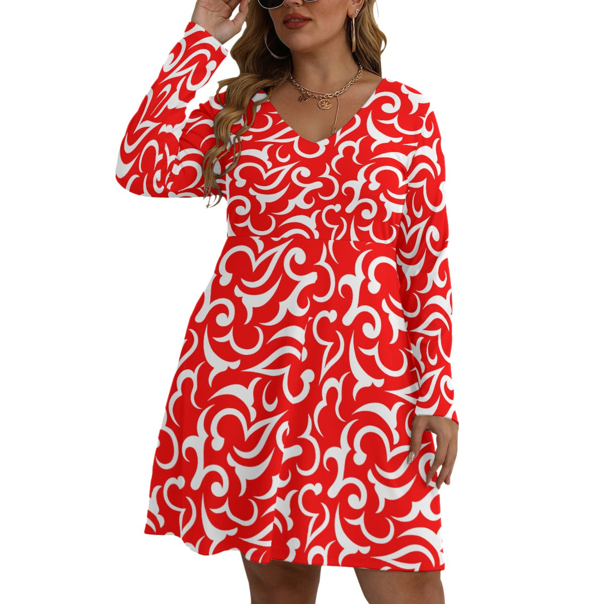 Royalty Made Red & White Women's V-neck Long Sleeve Dress (Plus Size)