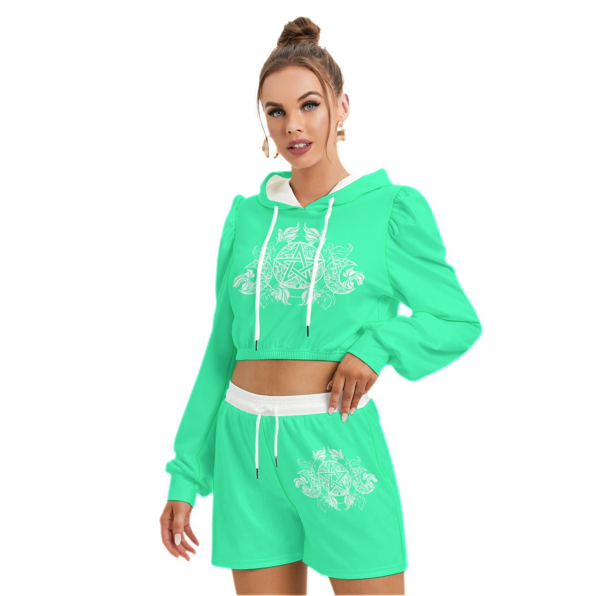 Teal & White Pentagram With Leaves Women's Mirco Fleece Hoodie And Shorts Set