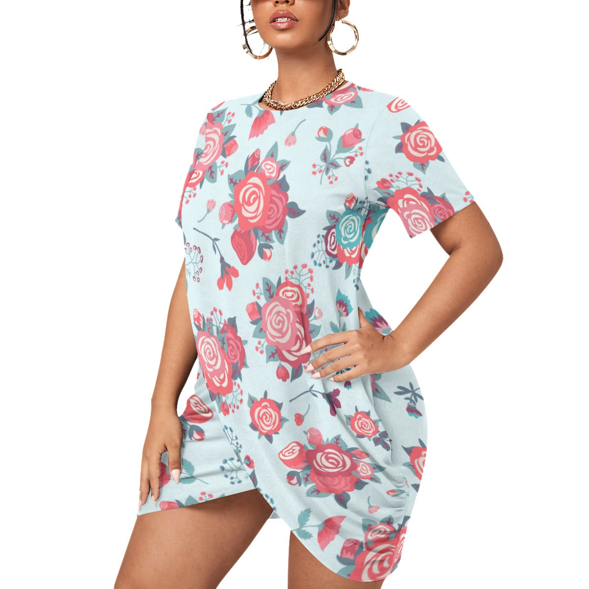 Cute Roses Women’s Stacked Hem Dress With Short Sleeve （Plus Size）