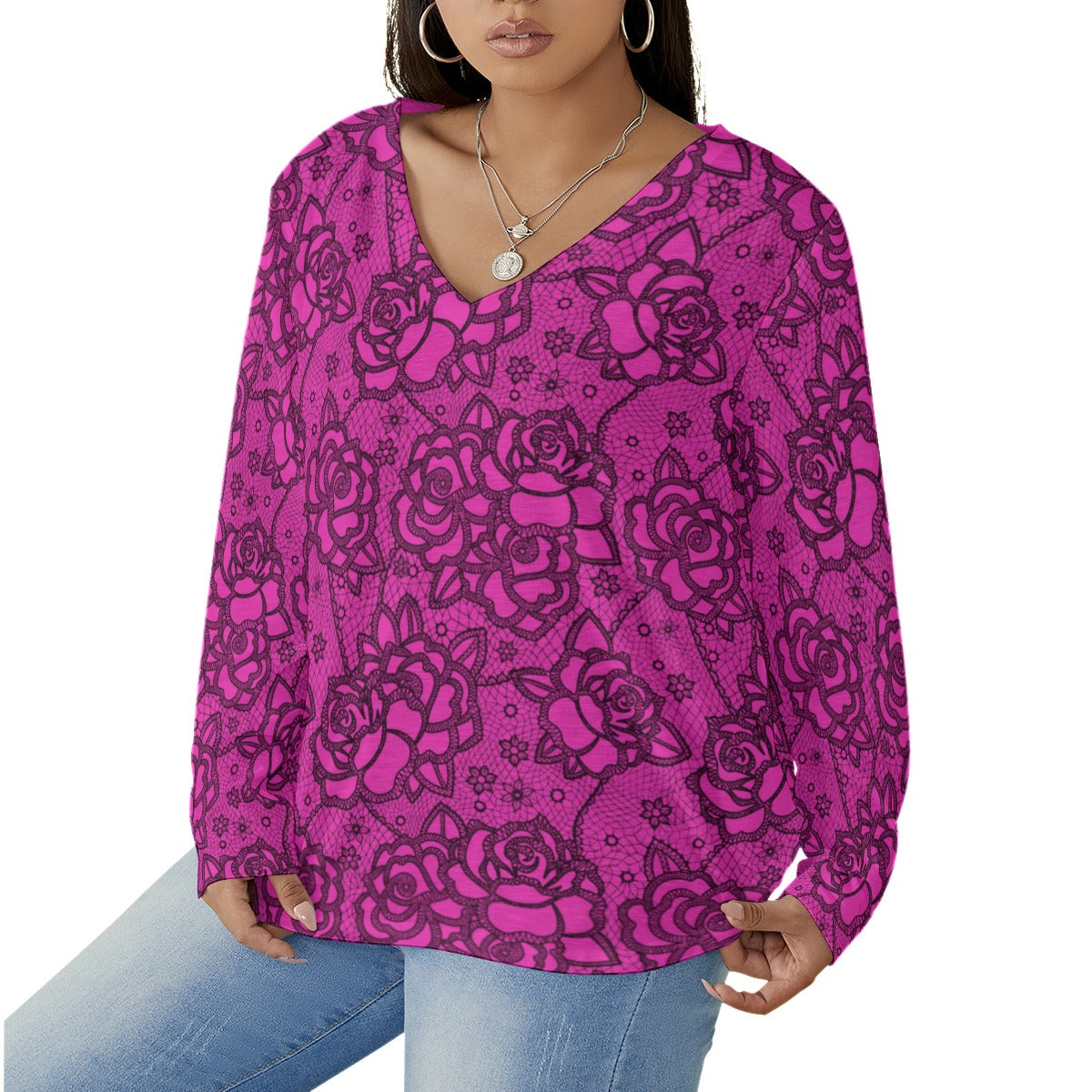 Women's Pink Lace Style Roses V-neck T-shirt With Curved Hem(Plus Size)