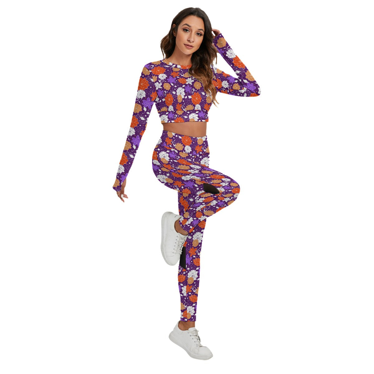 Cute Colorful Flowers Women's Sport Set With Backless Top And Leggings