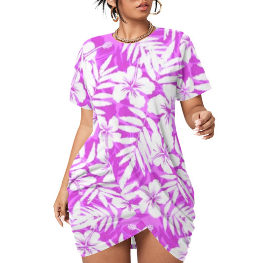 Purple Tropical Flowers Women’s Stacked Hem Dress With Short Sleeve （Plus Size）