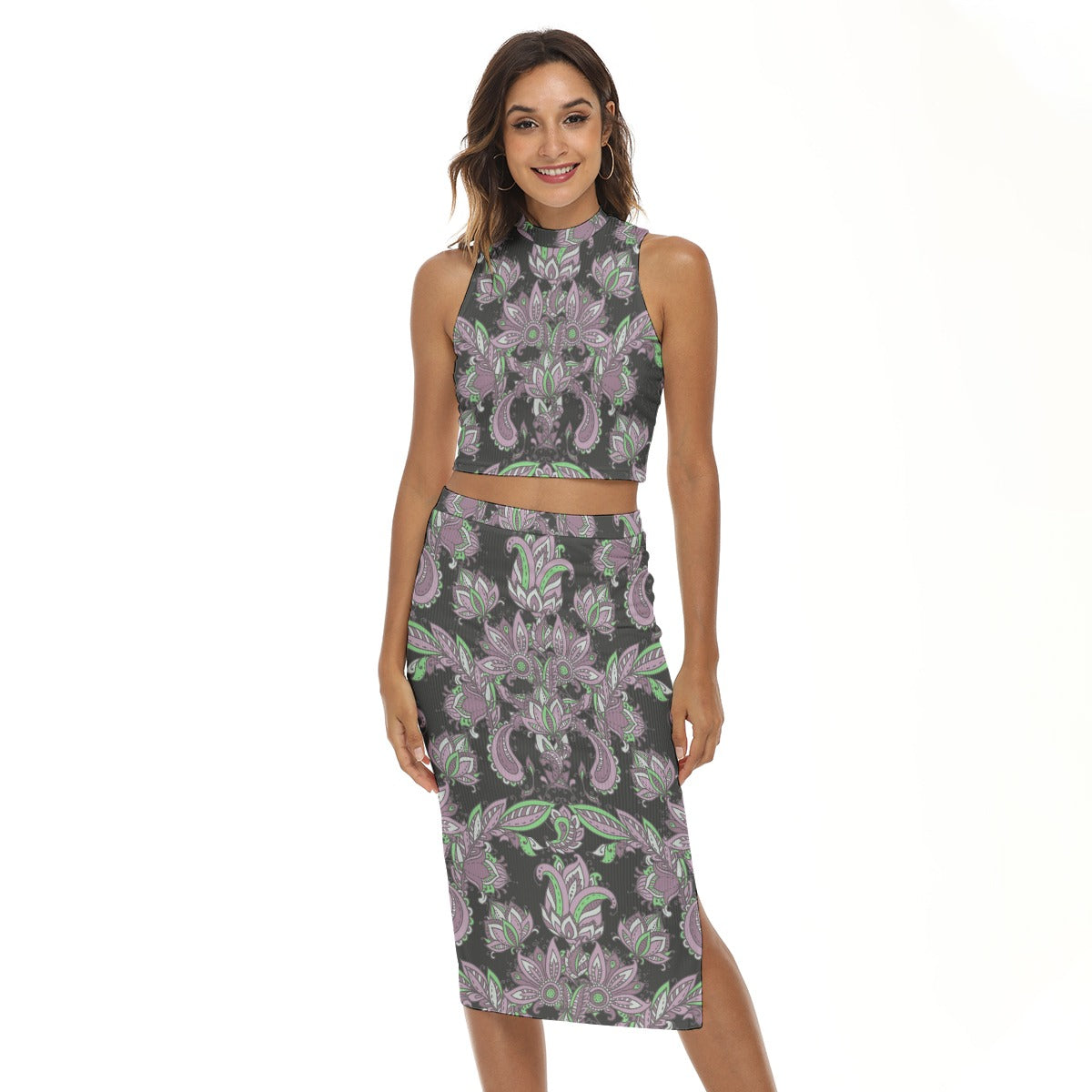 Royal Flowers Women's Tank Top & Split High Skirt Set