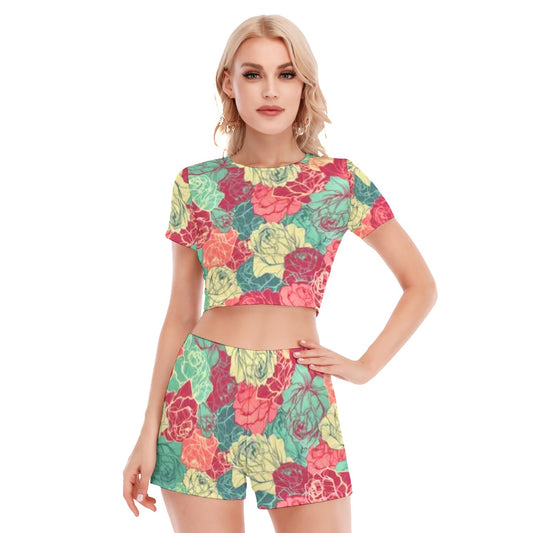 Colorful Roses Women's Short Sleeve Cropped Top Shorts Suit