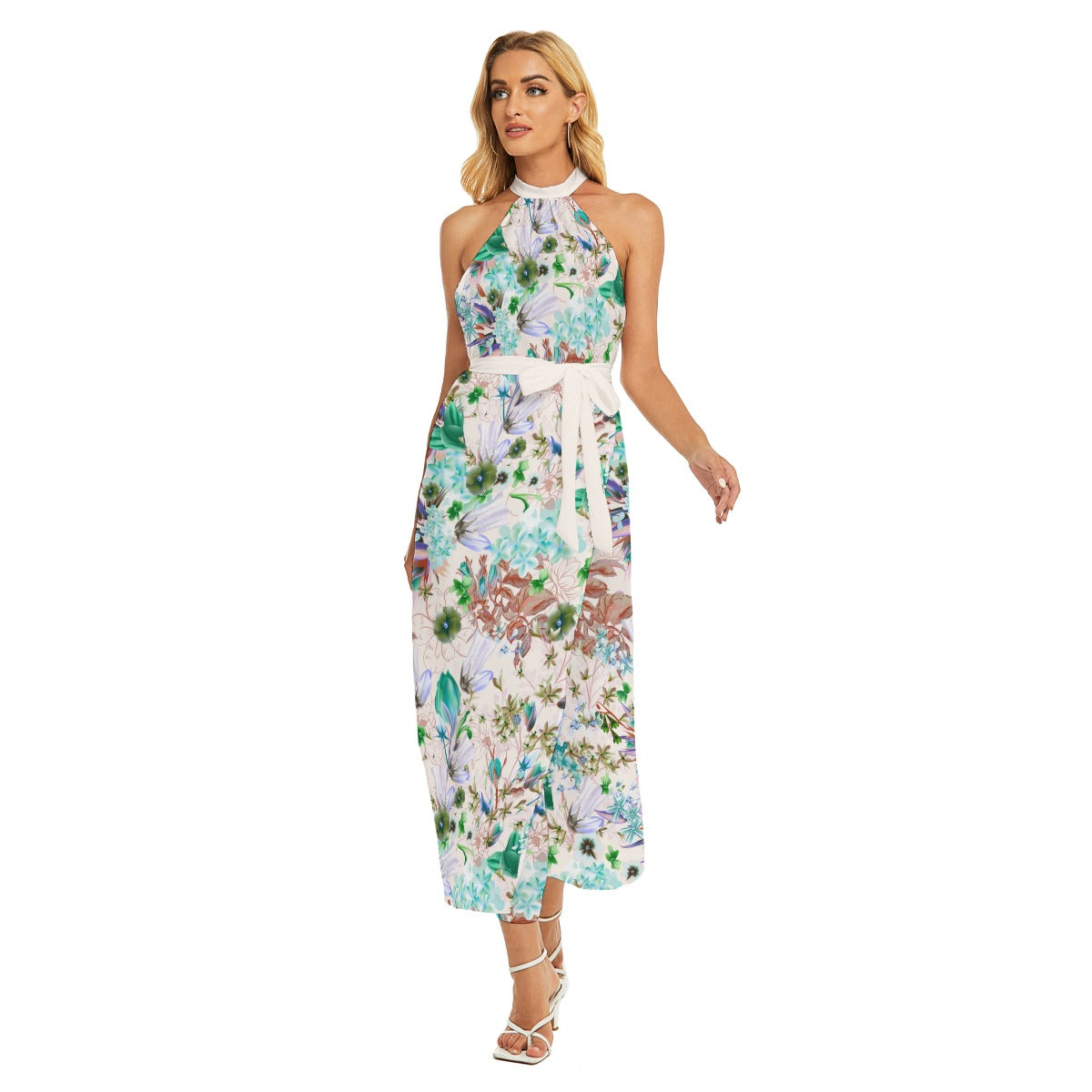 Beautiful Flowers Women's Wrap Hem Belted Halter Dress