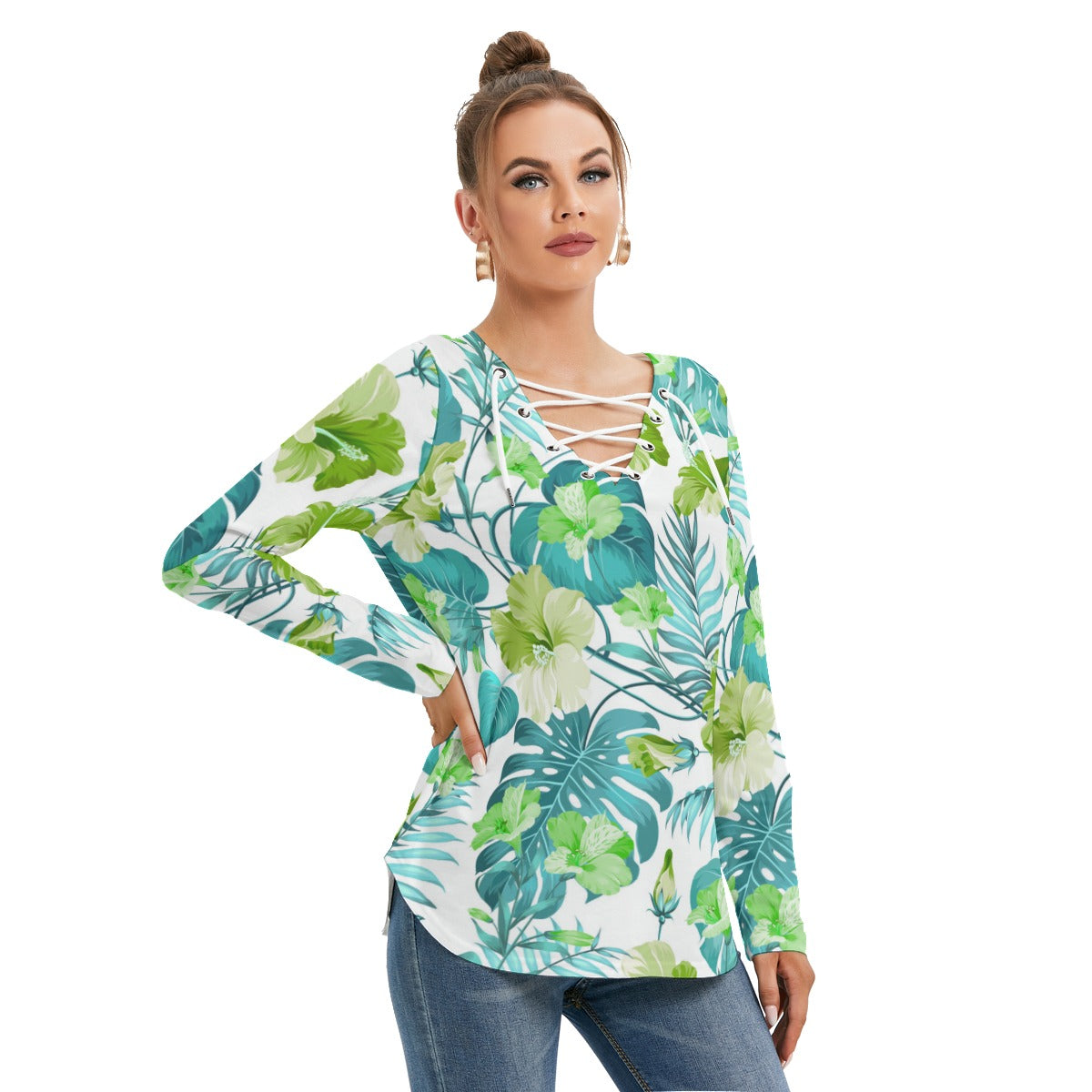 Tropical Flowers Women's Long Sleeve Neckline Tie Sweatshirt