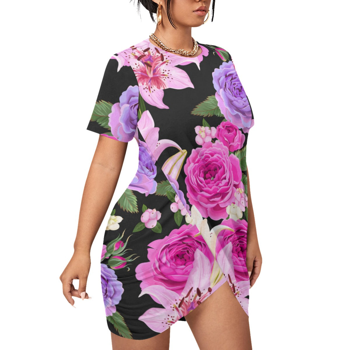 Cute Roses Women’s Stacked Hem Dress With Short Sleeve （Plus Size）