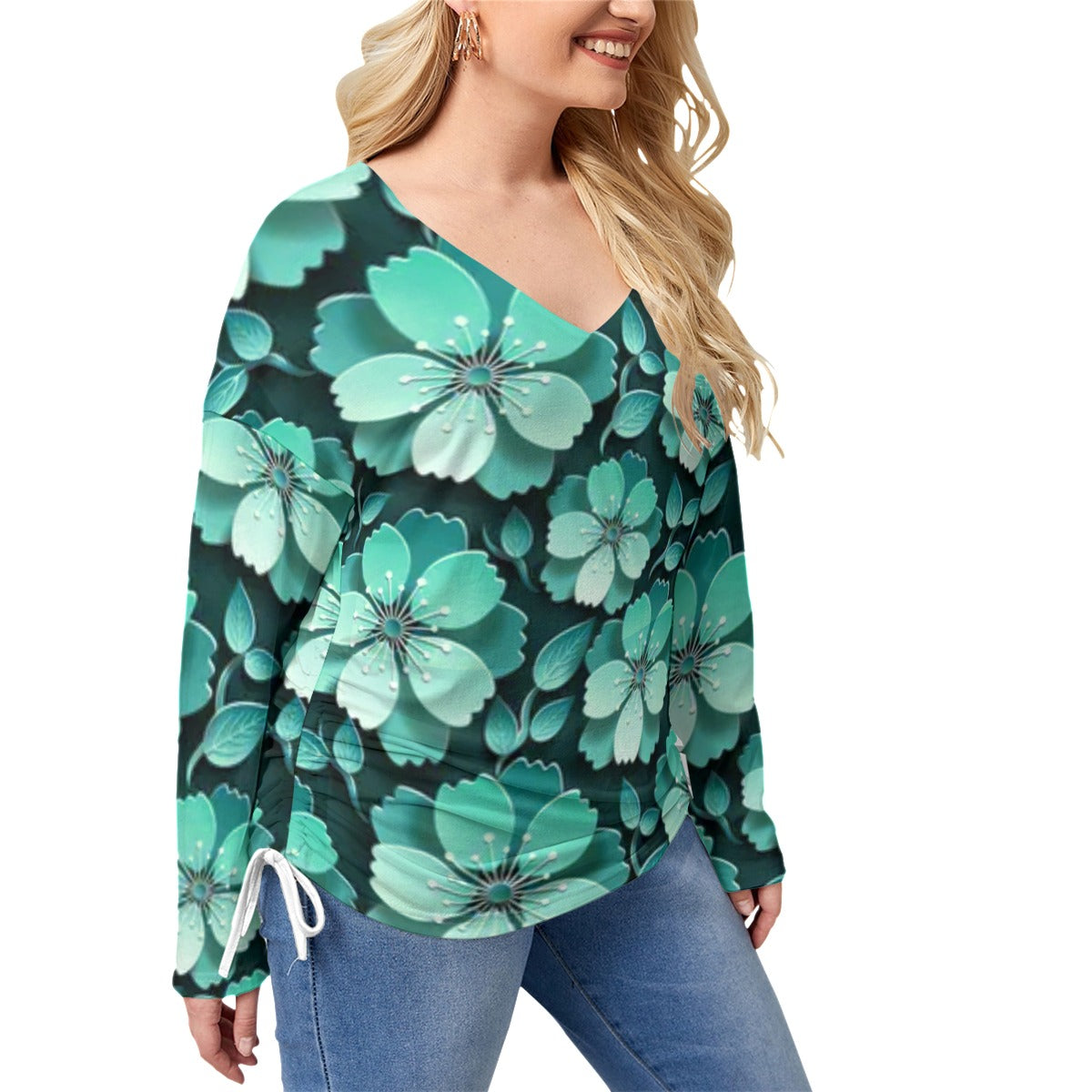 Black With Teal Cherry Blossoms Women’s V-neck T-shirt With Side Drawstring(Plus Size)