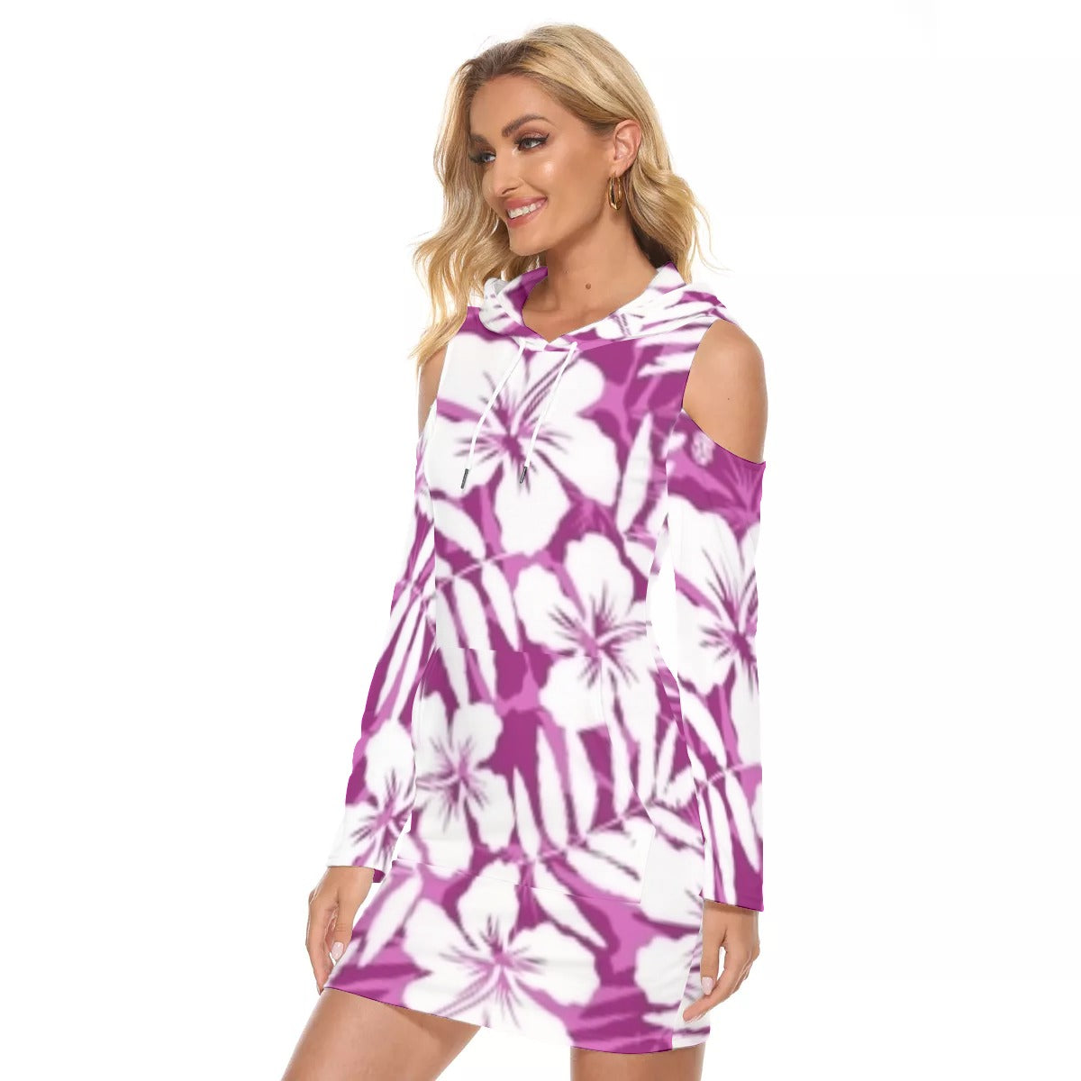 Plumb & White Tropical Flowers Hooded Tight Dress