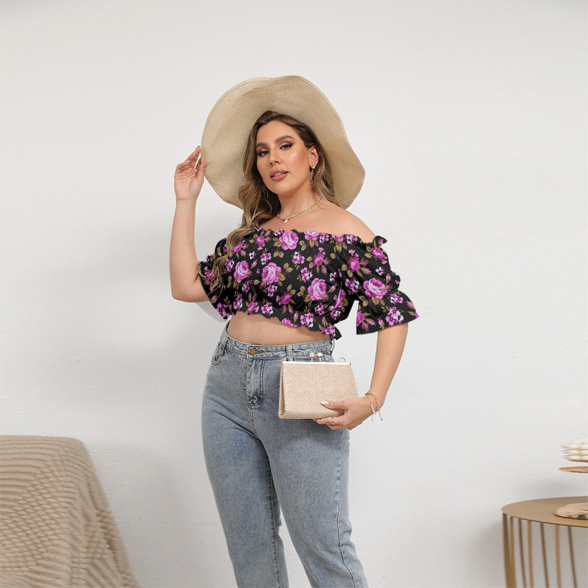 Pink Roses Women's Black Off-shoulder Cropped Top With Short Puff Sleeve