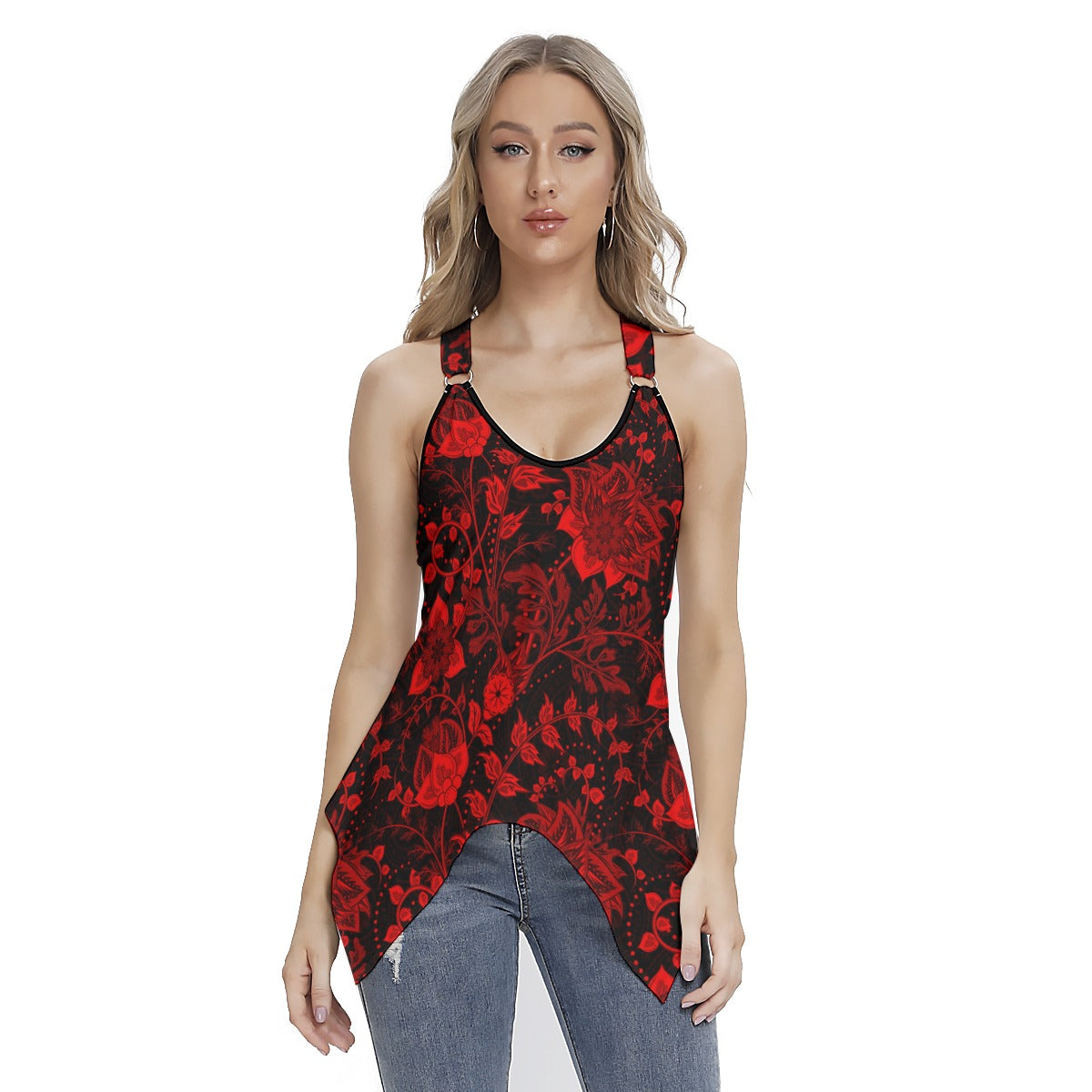 Elegant Black With Red Flowers Women's Skinny Sport Tank Top