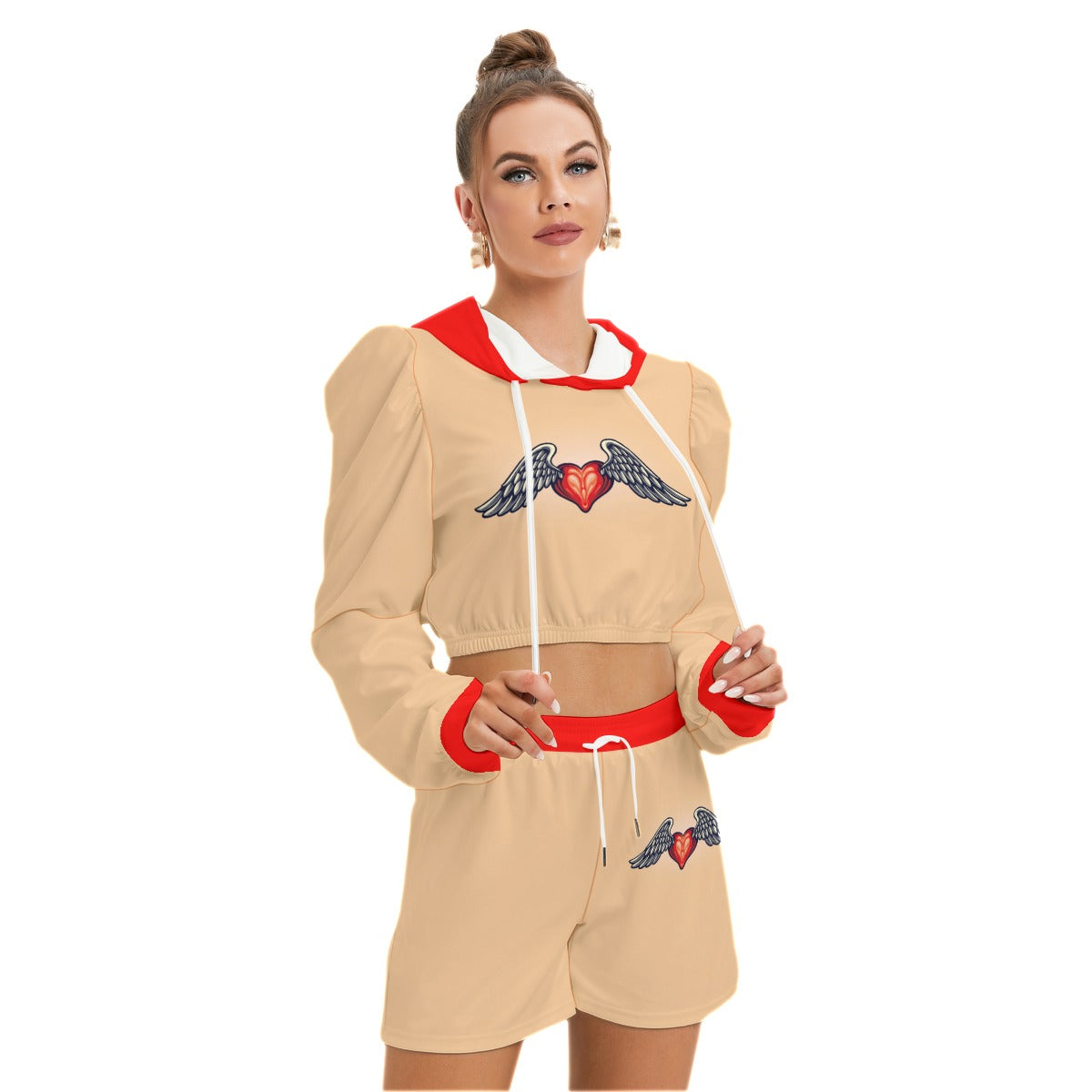 Cute Heart Love With Wings Women's Mirco Fleece Hoodie And Shorts Set