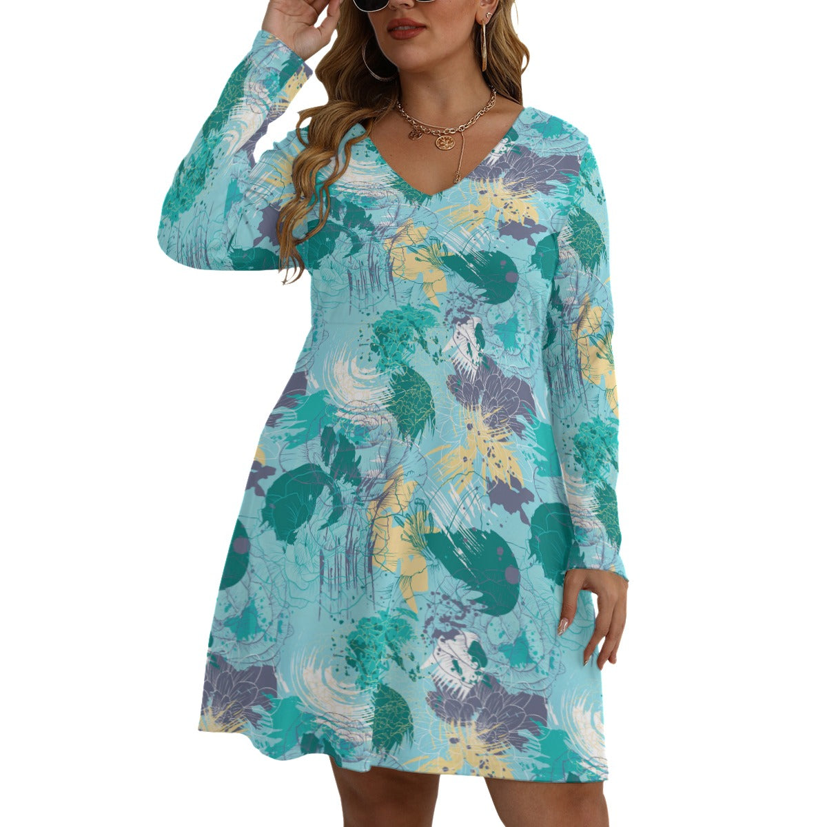 Women's Work Of Art V-neck Long Sleeve Dress (Plus Size)