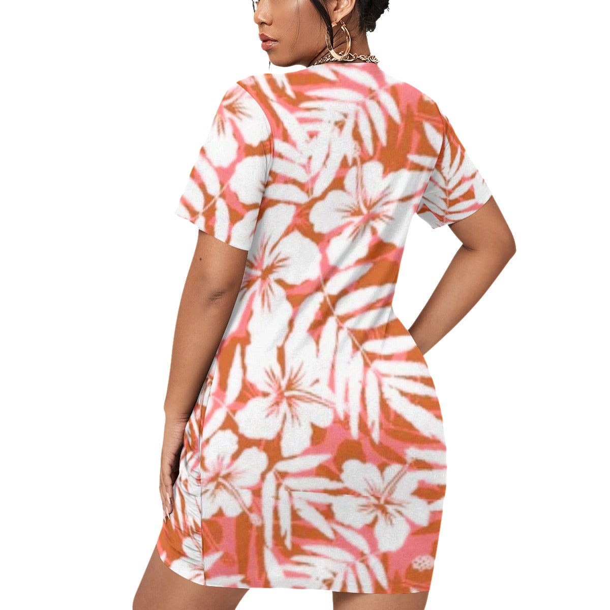 Red Tropical Flowers Women’s Stacked Hem Dress With Short Sleeve （Plus Size）