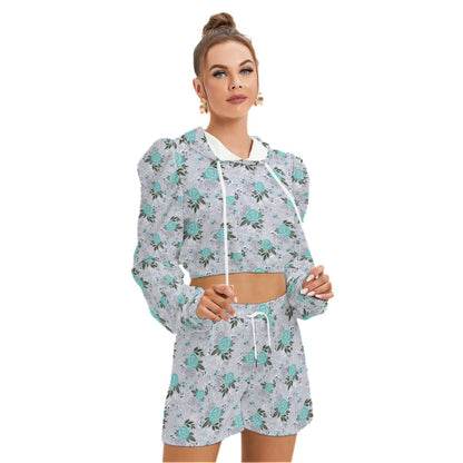 Cute Teal Flowers Women's Mirco Fleece Hoodie And Shorts Set