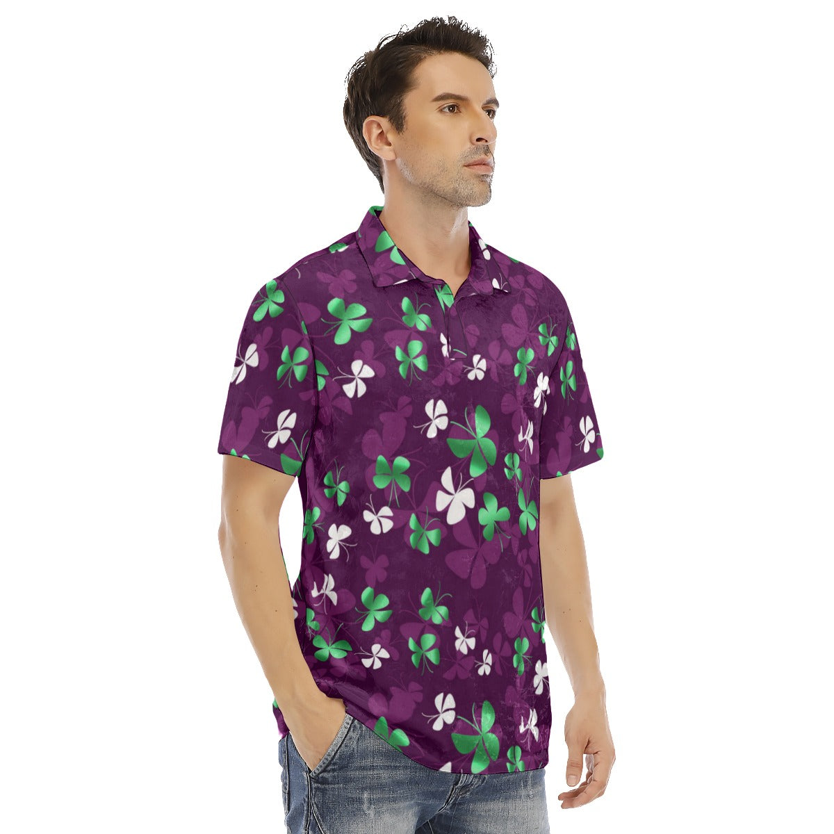 Green & White Butterfly Men's Polo Shirt | Velvet