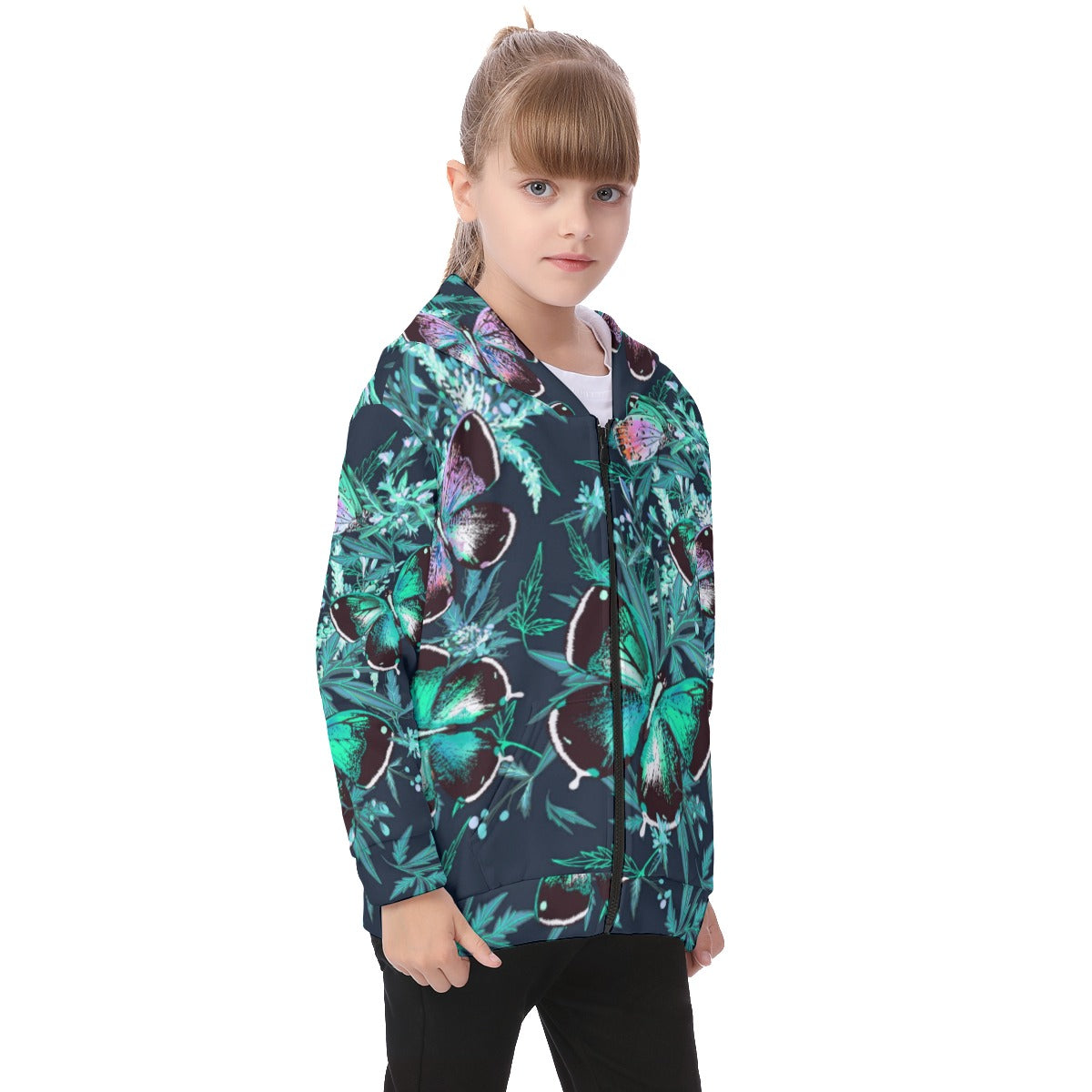 Cute Floral Butterflies Kid's Heavy Fleece Zip Up Hoodie