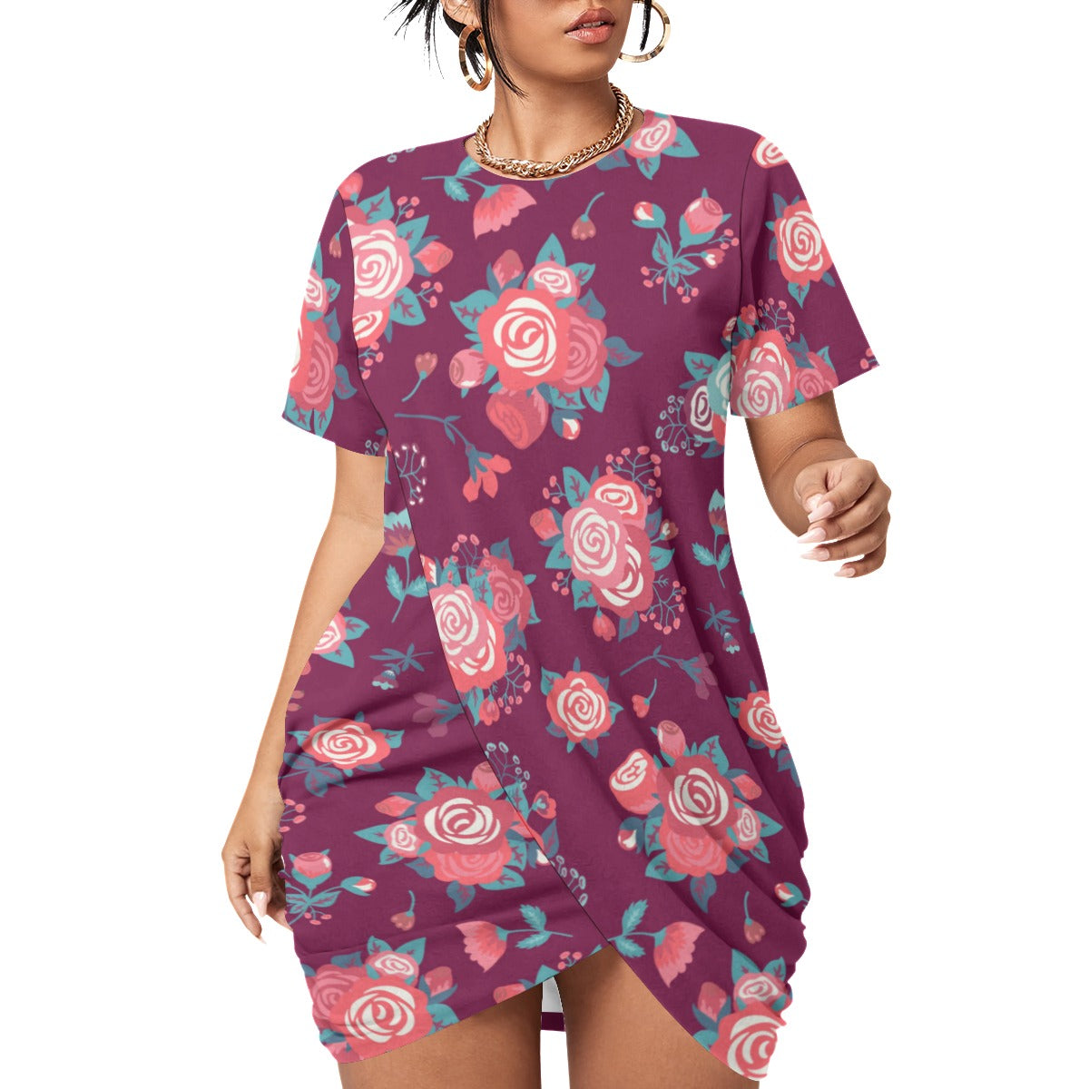 Cute Roses Women’s Stacked Hem Dress With Short Sleeve （Plus Size）