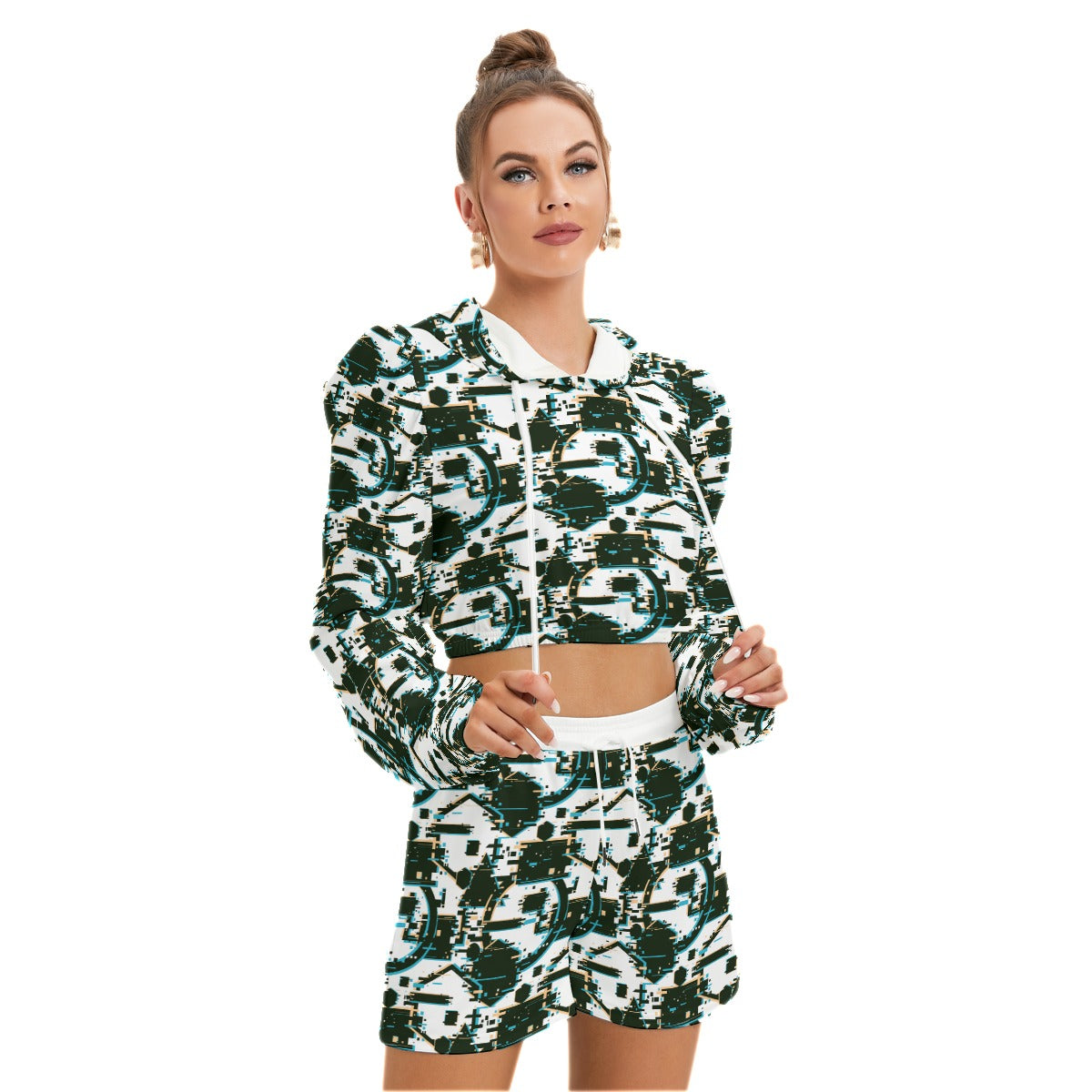 Glitchy Abstract Pattern Women's Mirco Fleece Hoodie And Shorts Set