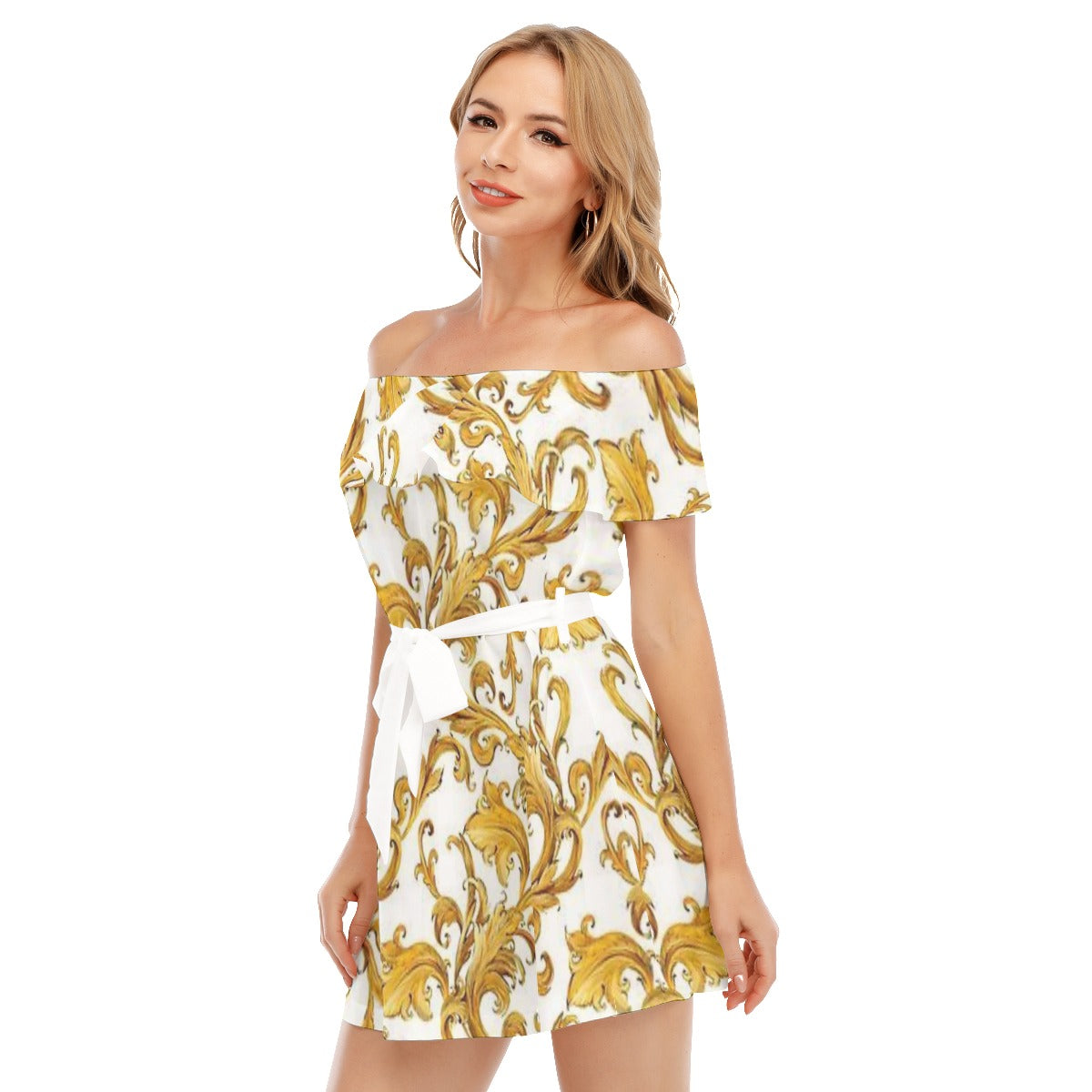 Golden Flowers White Off-shoulder Dress With Ruffle