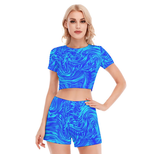 Blue & Light Blue Wavy Baby  Women's Short Sleeve Cropped Top Shorts Suit