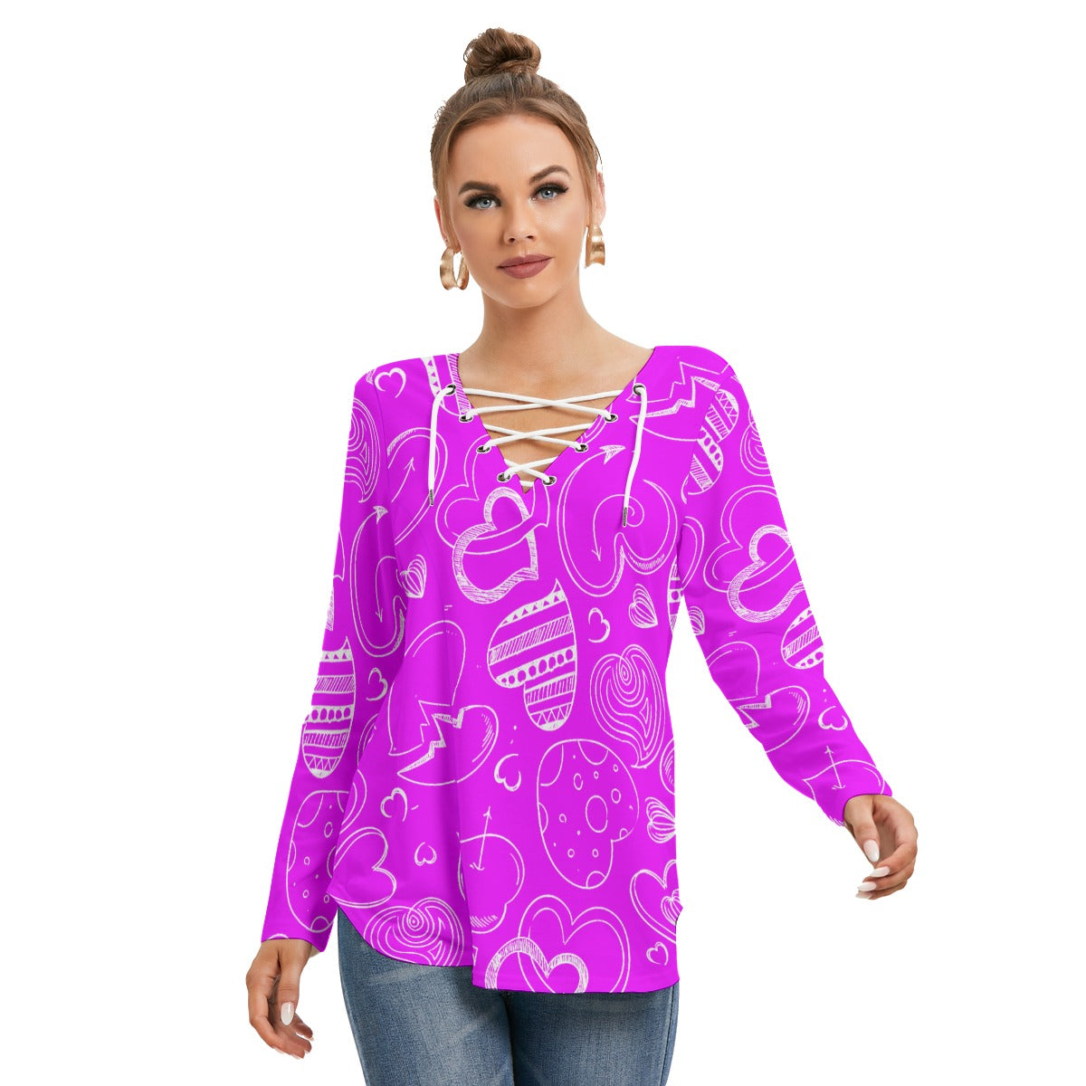 Purple With White Doodle Hearts Women's Long Sleeve Neckline Tie Sweatshirt