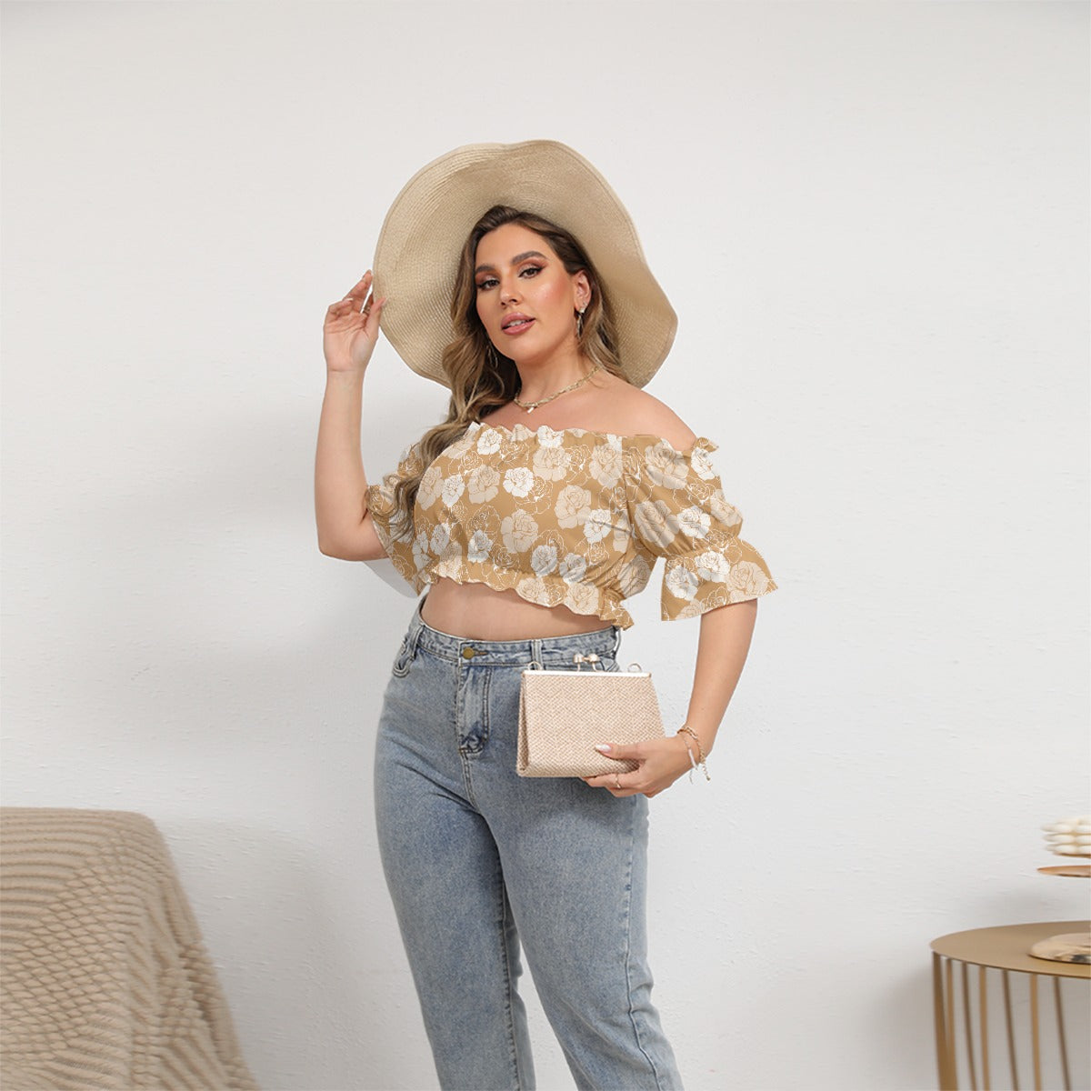 White Roses With Orange Women's Off-shoulder Cropped Top With Short Puff Sleeve