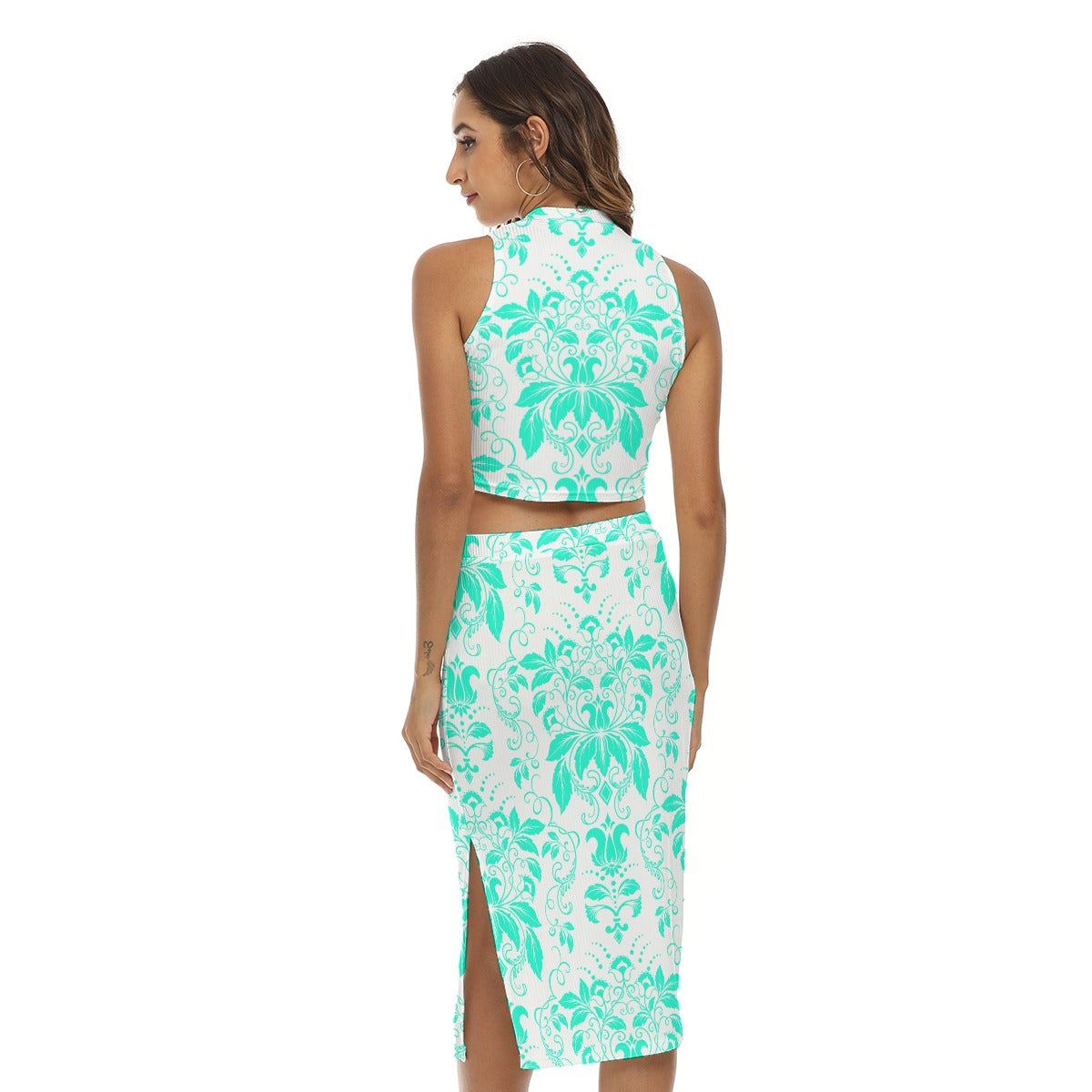 Teal With White Vintage Flowers Women's Tank Top & Split High Skirt Set