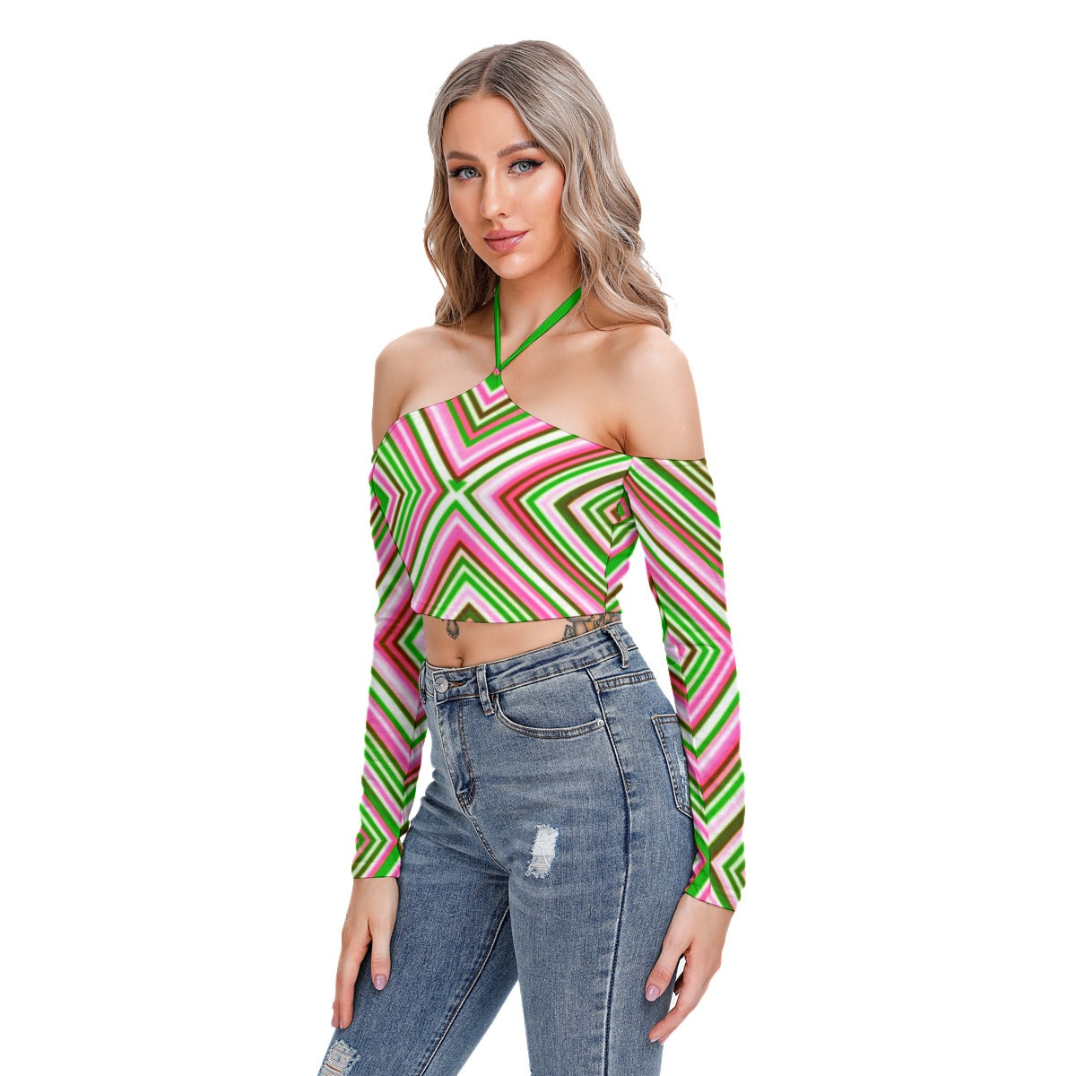 Bold Bright Geometric Neon Colors Women's Halter Lace-up Top