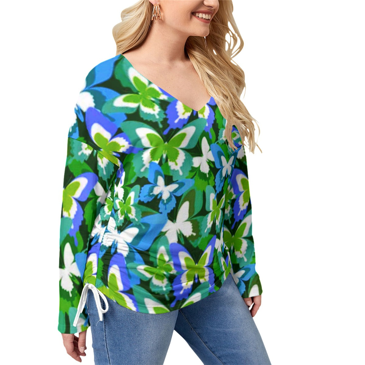 Colorful Butterflies Women’s V-neck T-shirt With Side Drawstring(Plus Size)