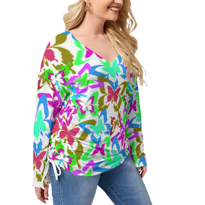 Colorful Butterflies Women’s V-neck T-shirt With Side Drawstring(Plus Size)